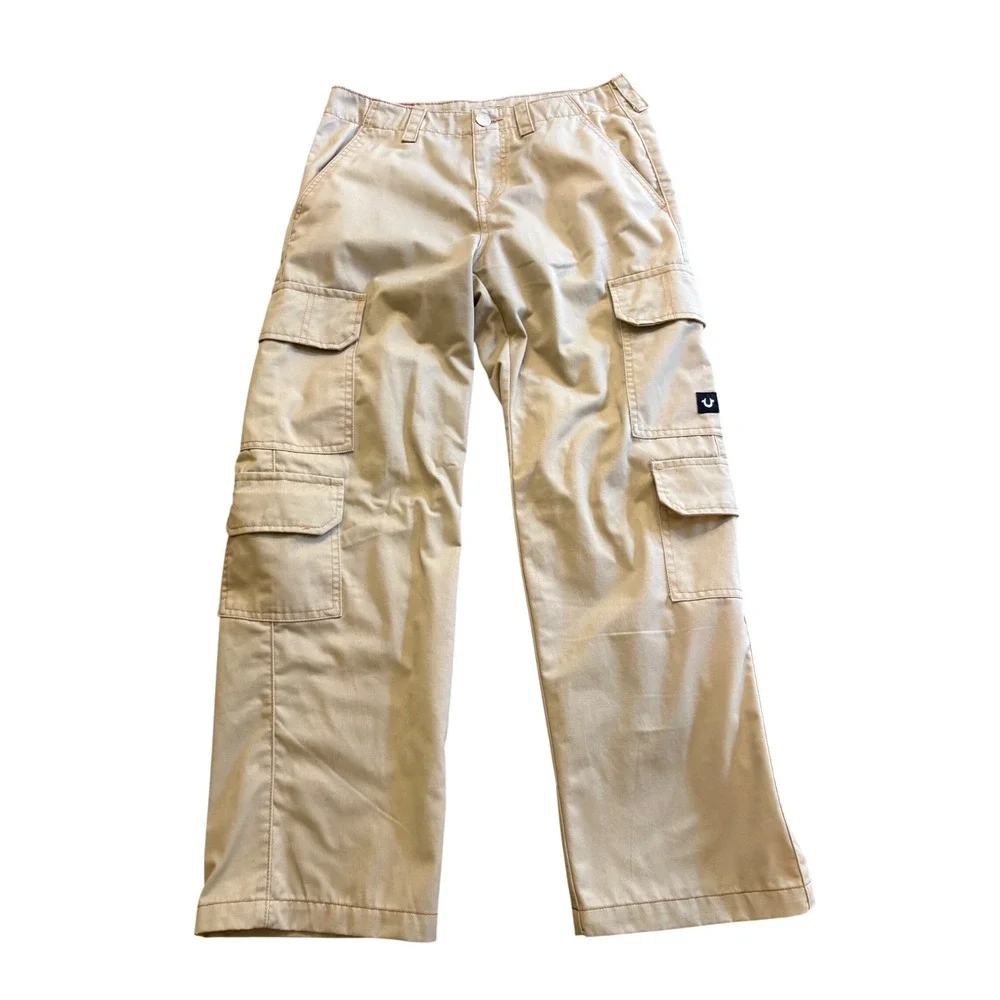 True Religion Mens Khaki Cargo Pants Tan Wide Leg Y2K Horseshoe Logo Size 28